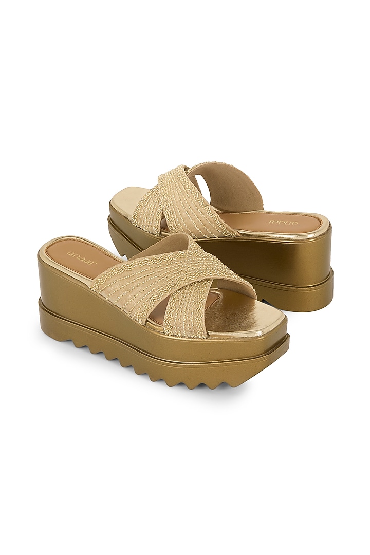 Antique Gold Blended Woven Hand Embroidered Wedges by Anaar at Pernia's Pop Up Shop