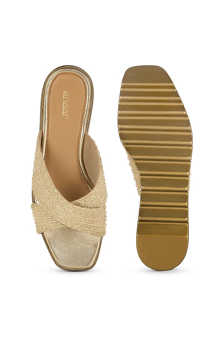 Antique Gold Blended Woven Hand Embroidered Wedges by Anaar at Pernia's Pop Up Shop