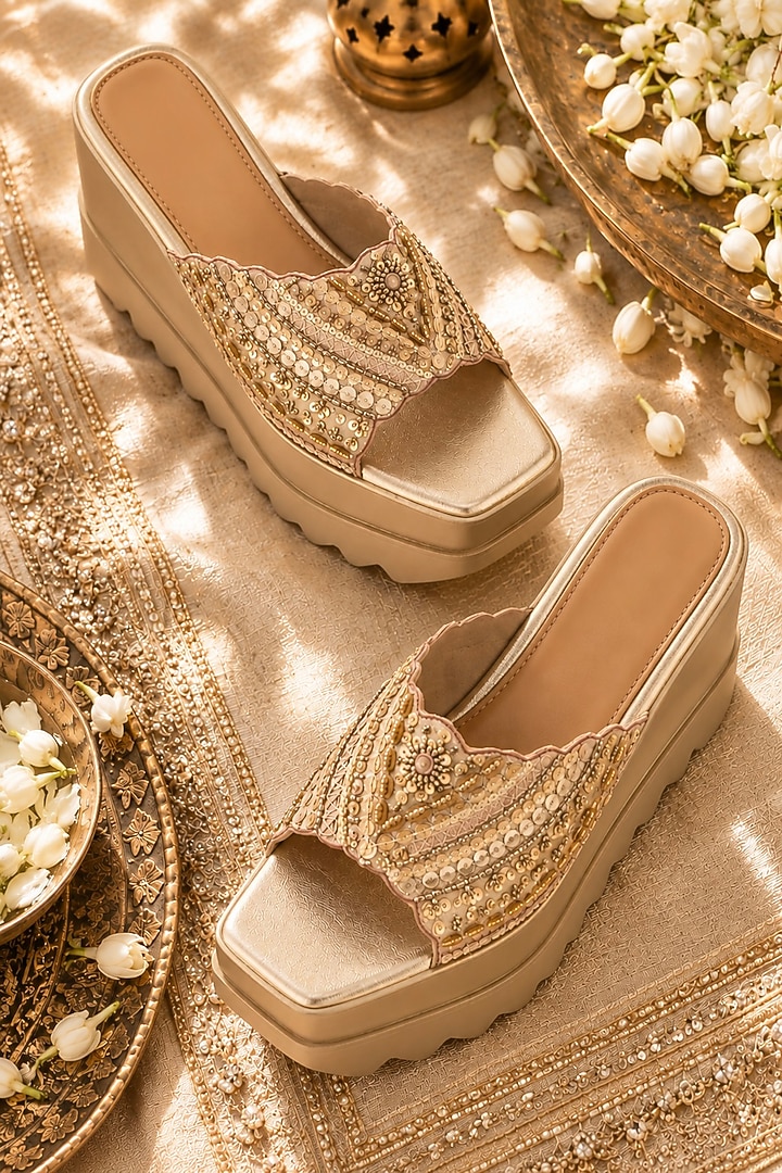 Antique Gold Blended Woven Hand Embroidered Wedges by Anaar at Pernia's Pop Up Shop