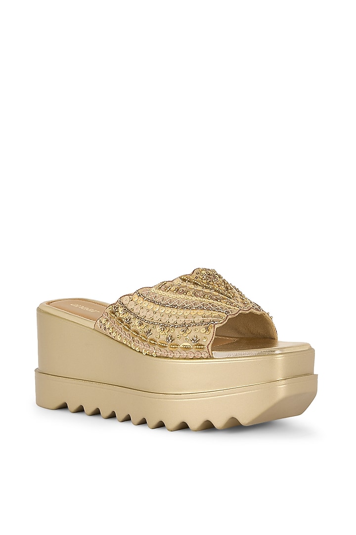 Antique Gold Blended Woven Hand Embroidered Wedges by Anaar at Pernia's Pop Up Shop