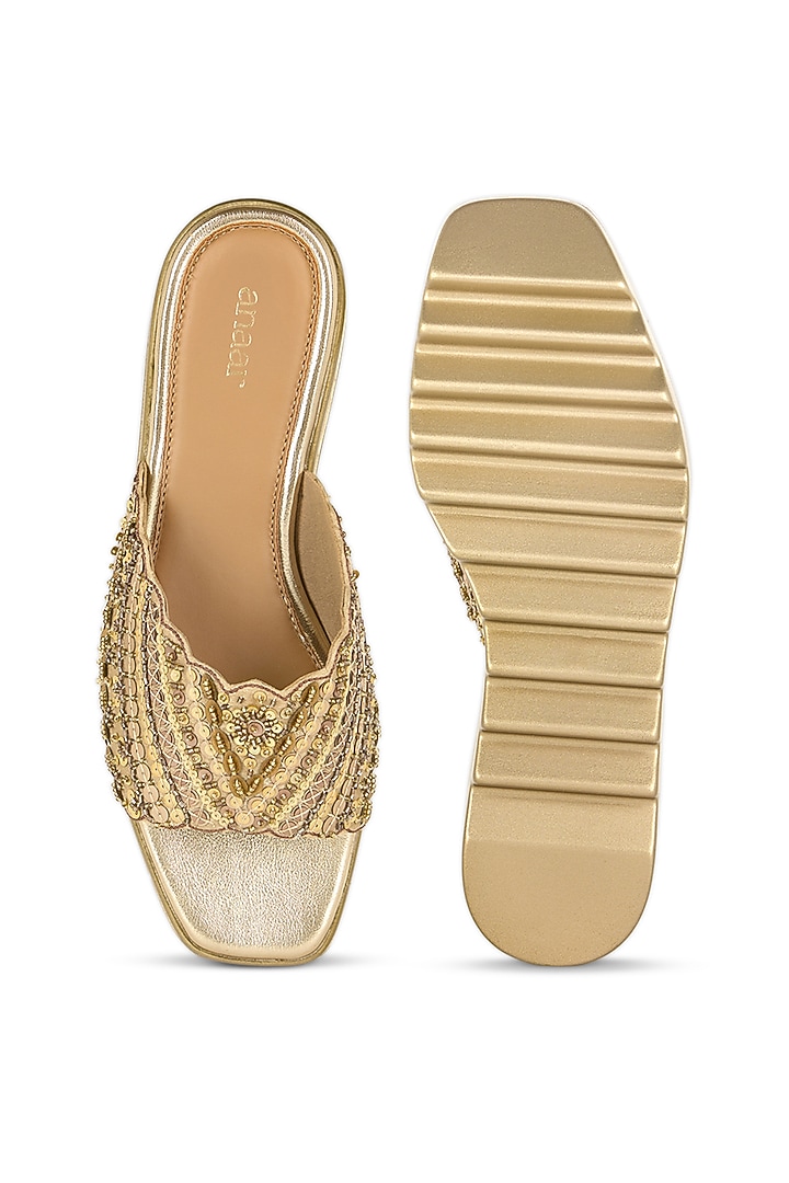 Antique Gold Blended Woven Hand Embroidered Wedges by Anaar at Pernia's Pop Up Shop