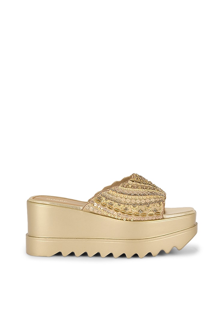 Antique Gold Blended Woven Hand Embroidered Wedges by Anaar at Pernia's Pop Up Shop