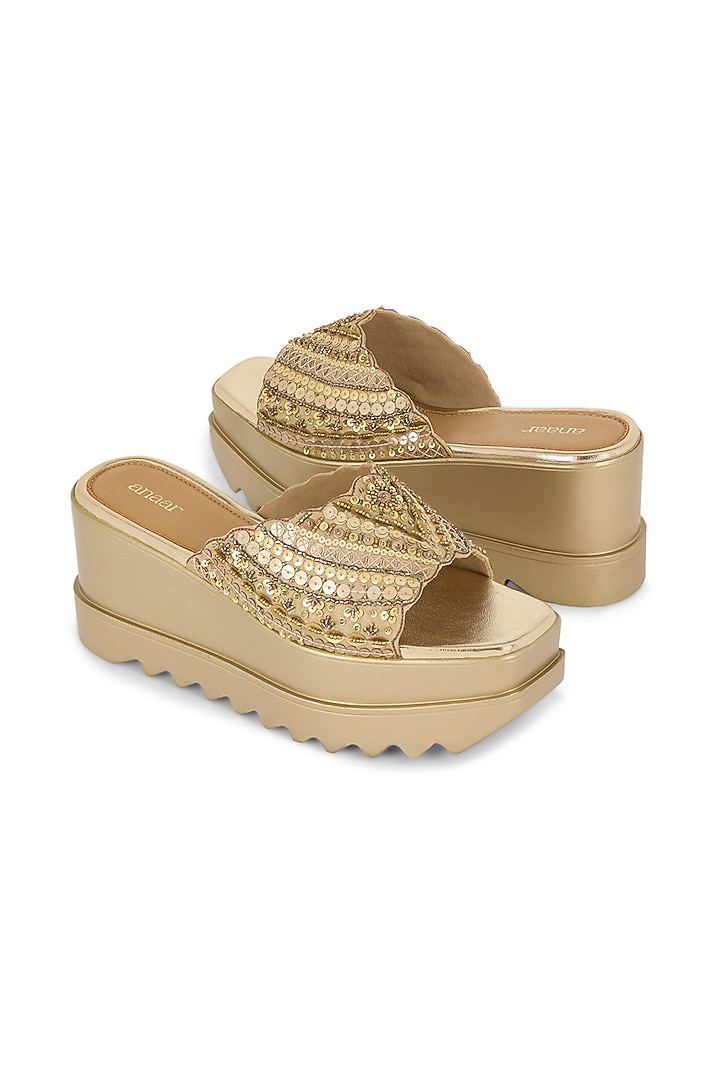 Antique Gold Blended Woven Hand Embroidered Wedges by Anaar at Pernia's Pop Up Shop