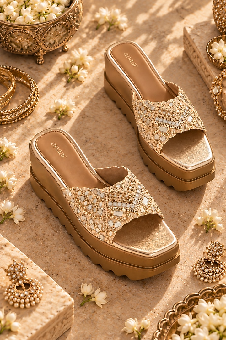 Gold Brocade Hand Embroidered Wedges by Anaar at Pernia's Pop Up Shop