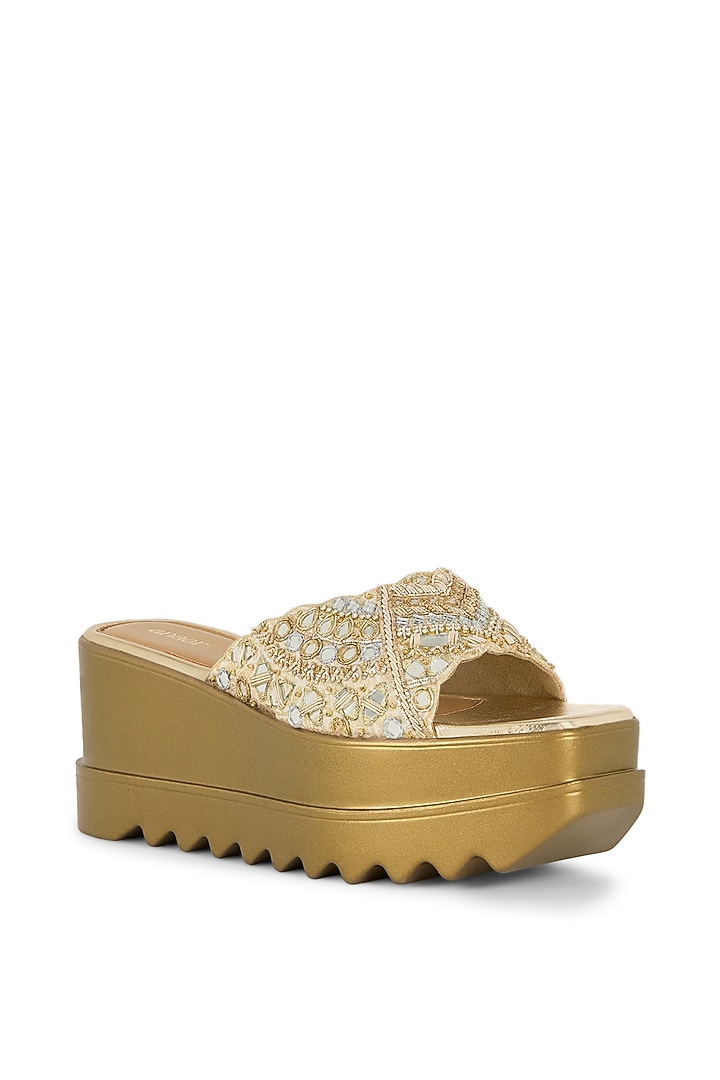 Gold Brocade Hand Embroidered Wedges by Anaar at Pernia's Pop Up Shop