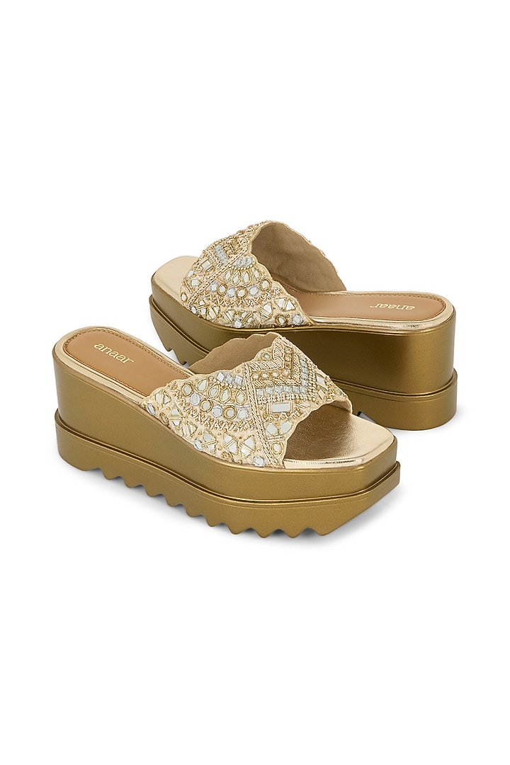 Gold Brocade Hand Embroidered Wedges by Anaar at Pernia's Pop Up Shop
