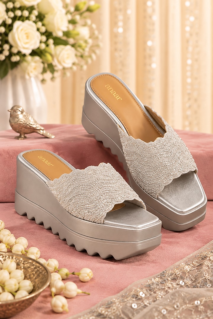 Silver Satin Hand Embroidered Wedges by Anaar at Pernia's Pop Up Shop