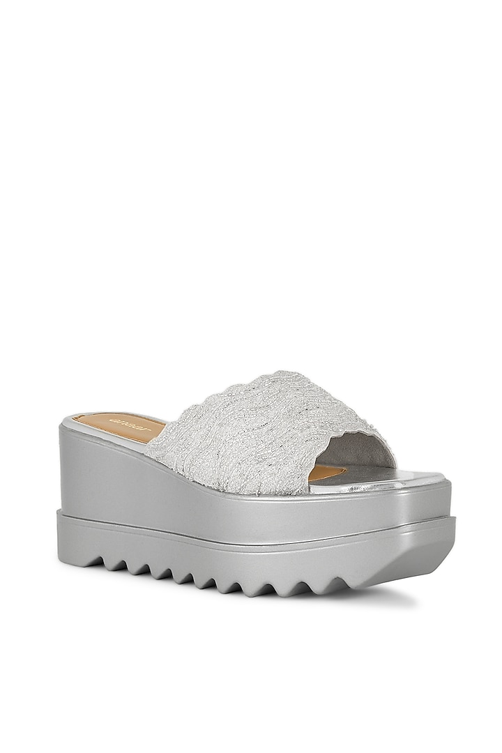 Silver Satin Hand Embroidered Wedges by Anaar at Pernia's Pop Up Shop