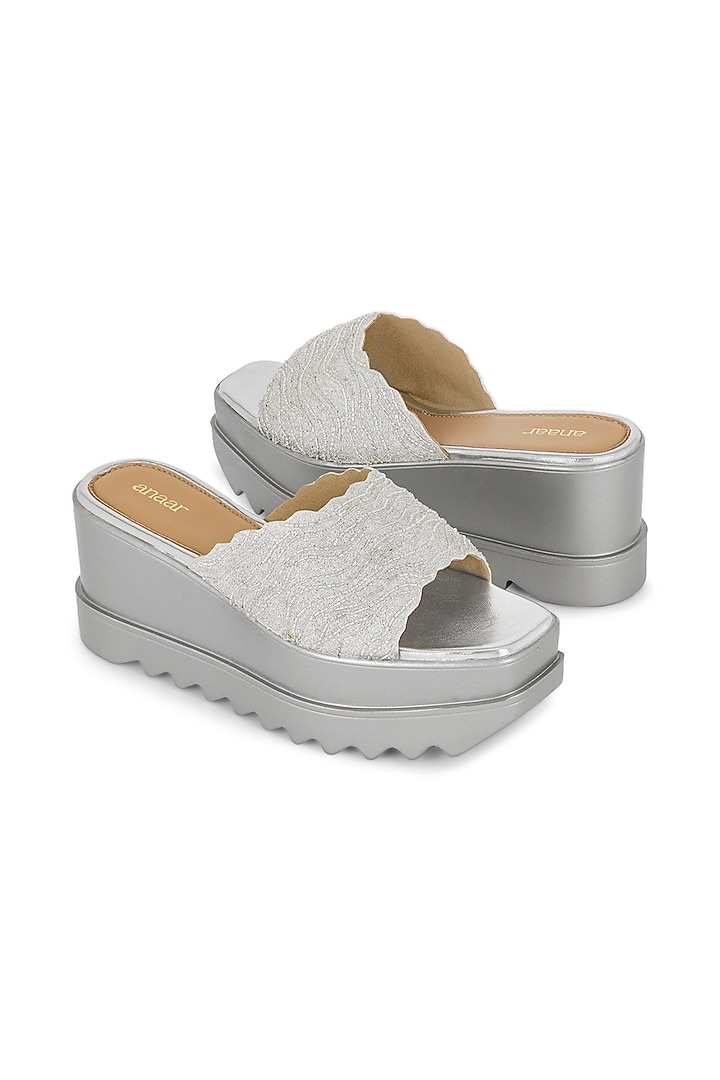 Silver Satin Hand Embroidered Wedges by Anaar at Pernia's Pop Up Shop