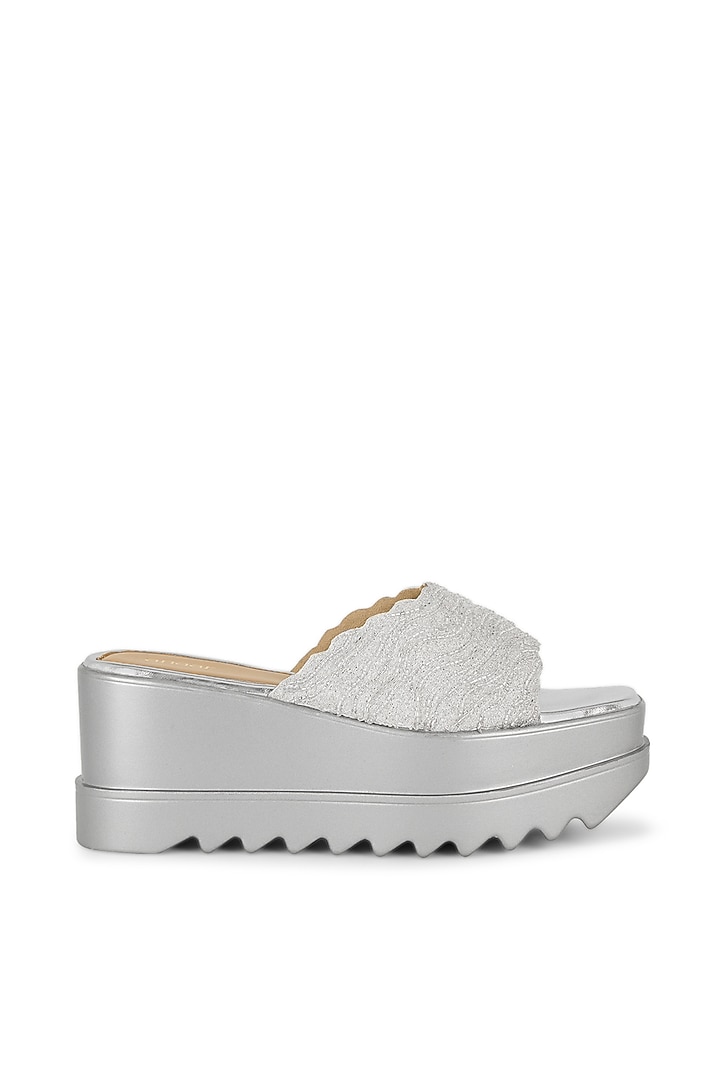 Silver Satin Hand Embroidered Wedges by Anaar at Pernia's Pop Up Shop