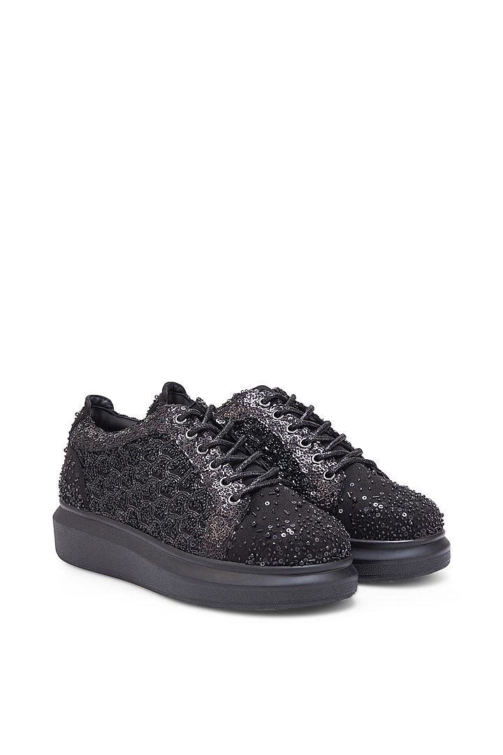 Black Microsuede sequins Embroidered Sneakers by Anaar at Pernia's Pop Up Shop