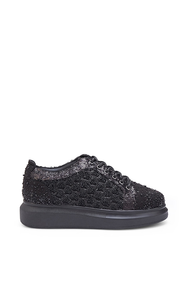 Black Microsuede sequins Embroidered Sneakers by Anaar at Pernia's Pop Up Shop