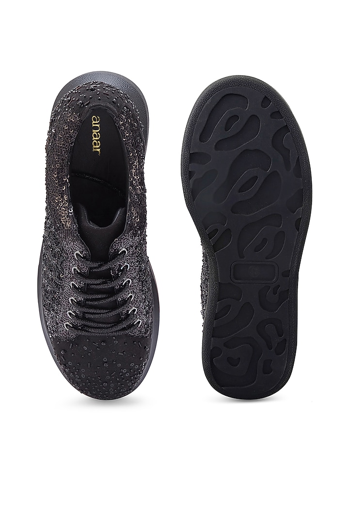 Black Microsuede sequins Embroidered Sneakers by Anaar at Pernia's Pop Up Shop