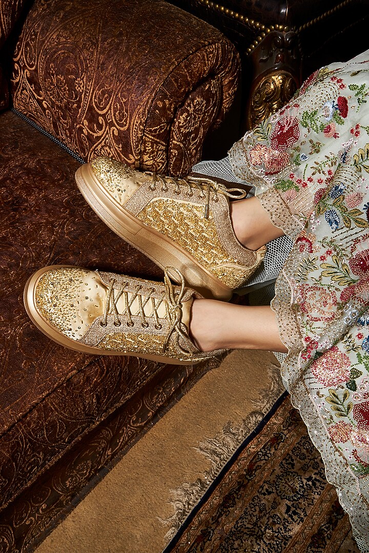 Gold Satin Sequins Embroidered Sneakers by Anaar at Pernia's Pop Up Shop