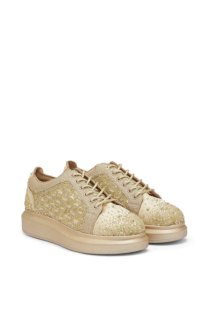Gold Satin Sequins Embroidered Sneakers by Anaar at Pernia's Pop Up Shop