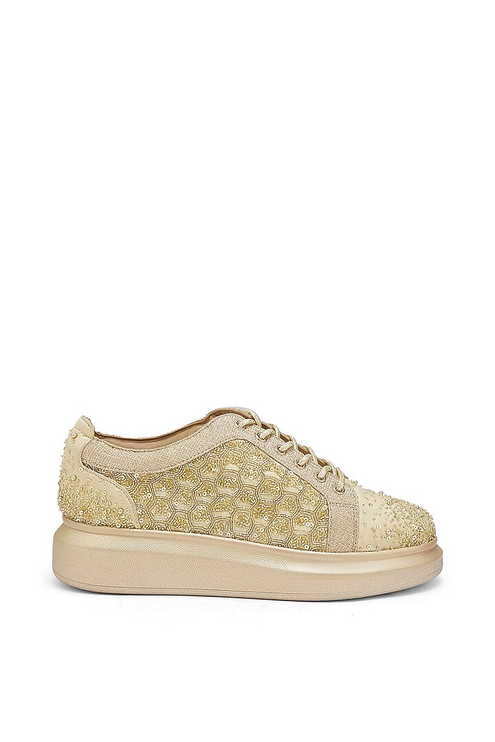 Gold Satin Sequins Embroidered Sneakers by Anaar at Pernia's Pop Up Shop