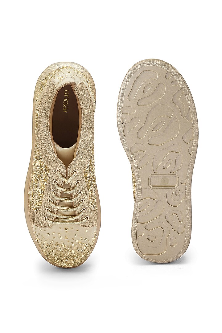 Gold Satin Sequins Embroidered Sneakers by Anaar at Pernia's Pop Up Shop
