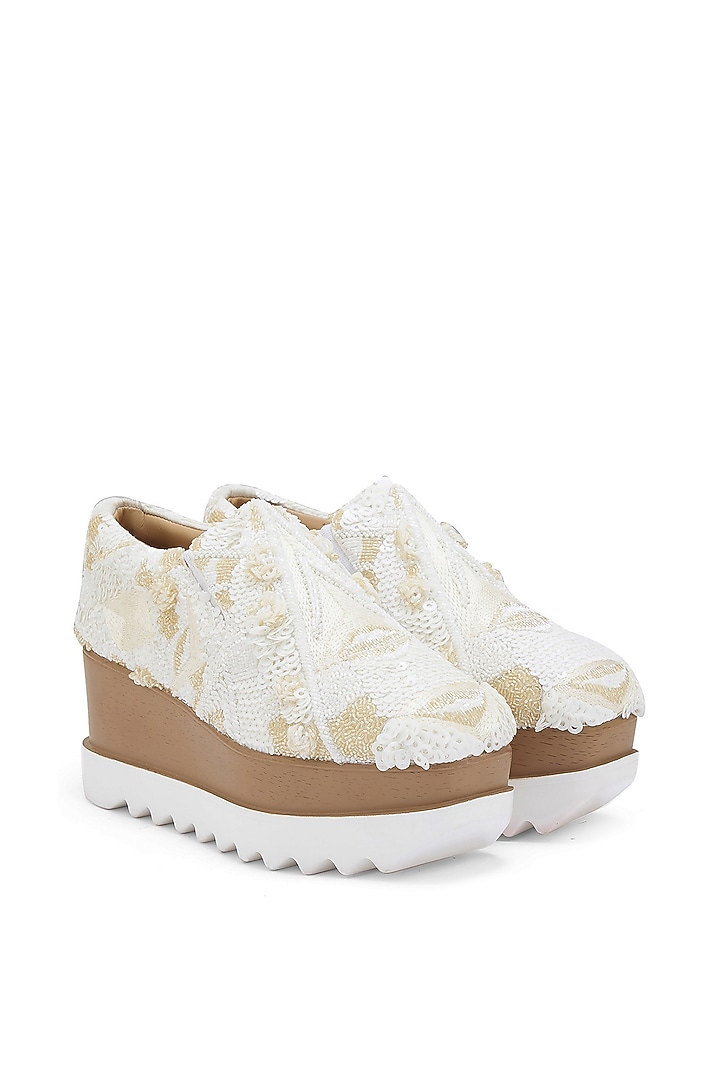 White Microsuede Sequins Embroidered Sneakers by Anaar at Pernia's Pop Up Shop