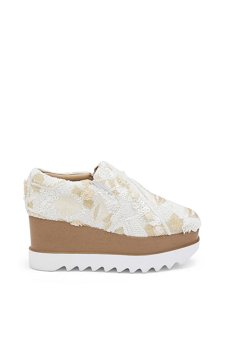 White Microsuede Sequins Embroidered Sneakers by Anaar at Pernia's Pop Up Shop