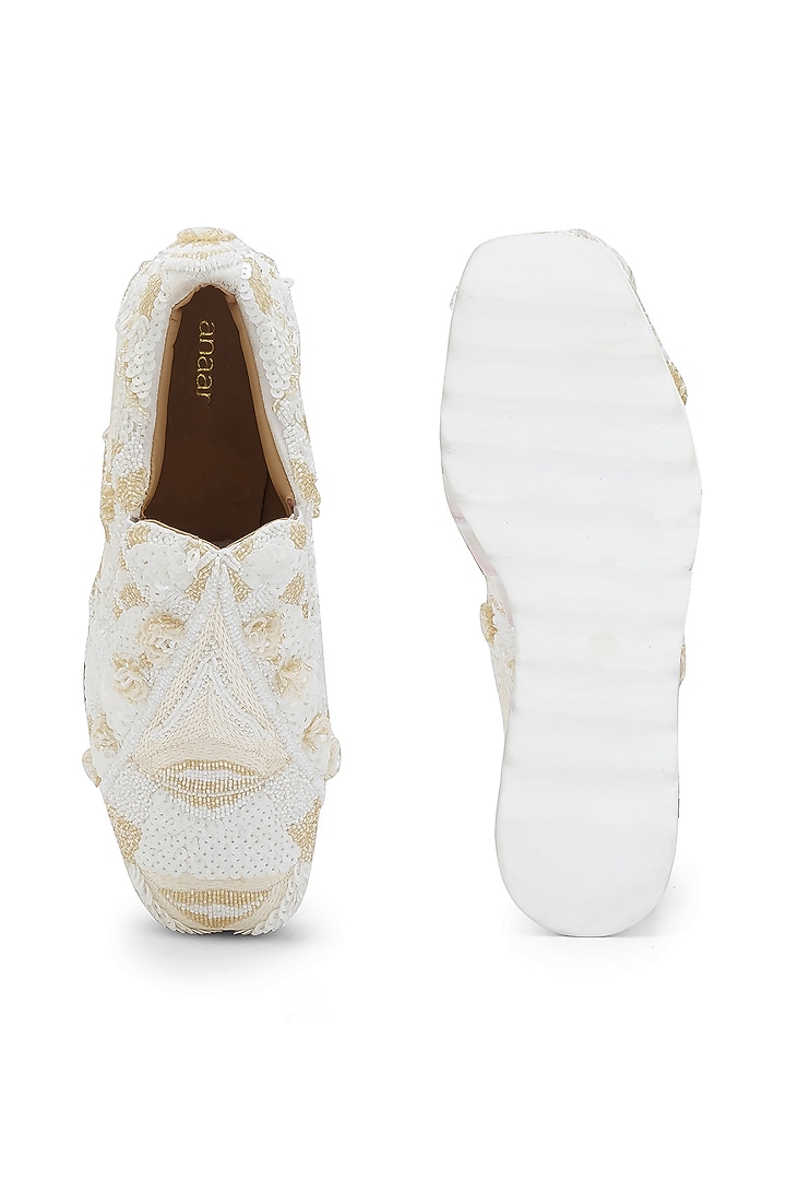 White Microsuede Sequins Embroidered Sneakers by Anaar at Pernia's Pop Up Shop