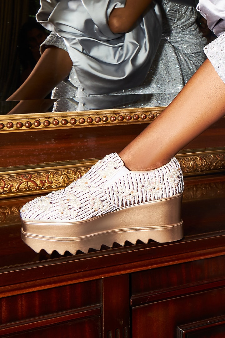 White Microsuede Sneakers by Anaar at Pernia's Pop Up Shop