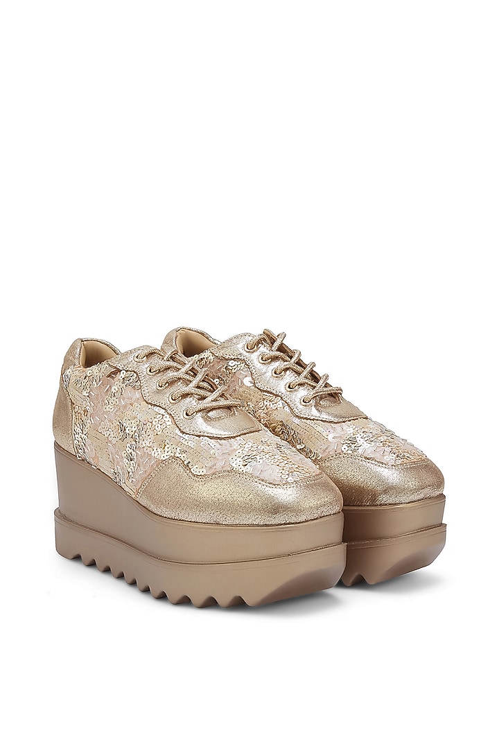 Gold Linen Satin Sequins Embroidered Sneakers by Anaar at Pernia's Pop Up Shop