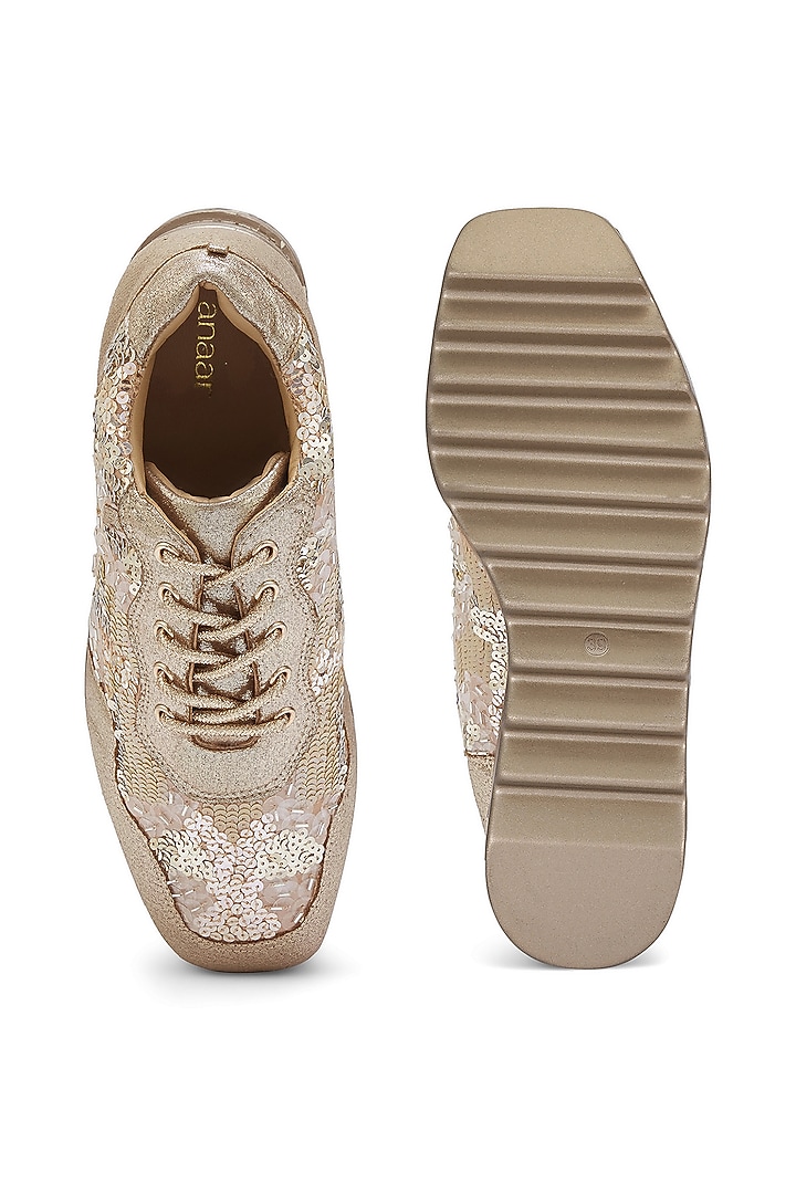 Gold Linen Satin Sequins Embroidered Sneakers by Anaar at Pernia's Pop Up Shop