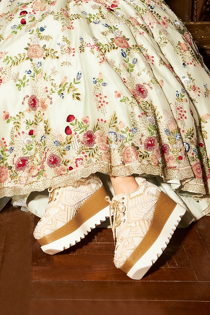 White Satin Sequins Embroidered Sneakers by Anaar at Pernia's Pop Up Shop