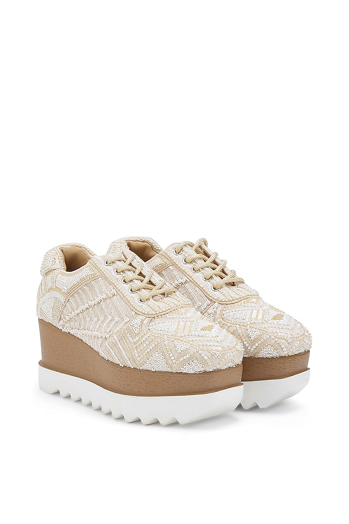 White Satin Sequins Embroidered Sneakers by Anaar at Pernia's Pop Up Shop