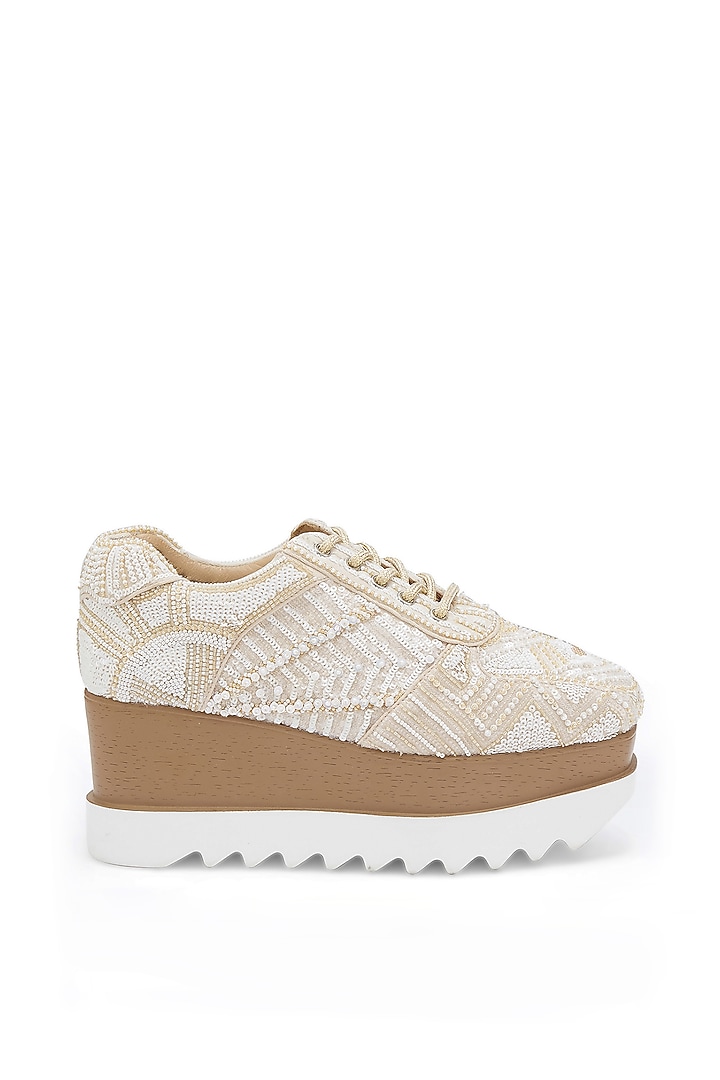 White Satin Sequins Embroidered Sneakers by Anaar at Pernia's Pop Up Shop