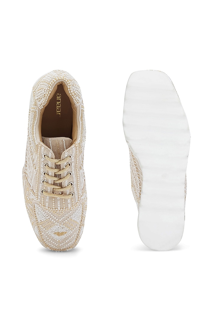White Satin Sequins Embroidered Sneakers by Anaar at Pernia's Pop Up Shop