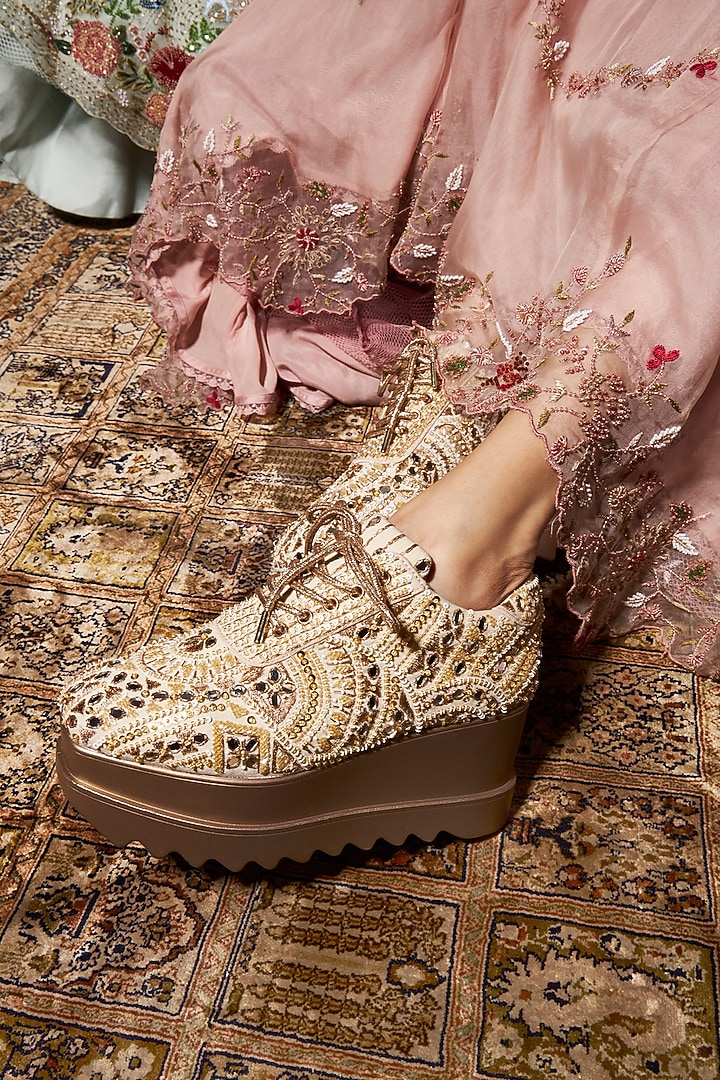 Off-White Satin Hand Embroidered Sneakers by Anaar at Pernia's Pop Up Shop