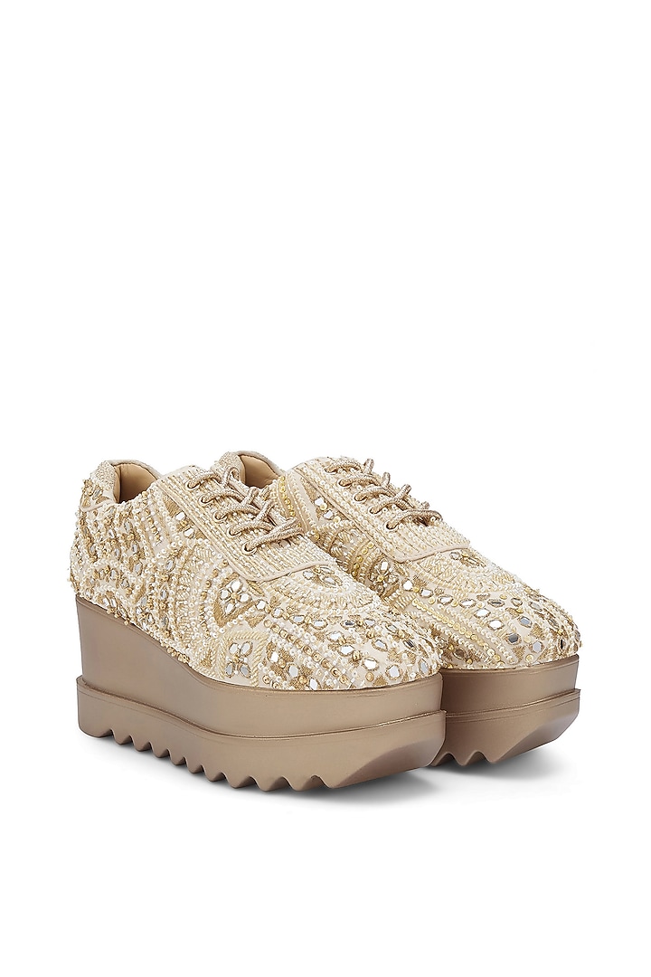 Off-White Satin Hand Embroidered Sneakers by Anaar at Pernia's Pop Up Shop