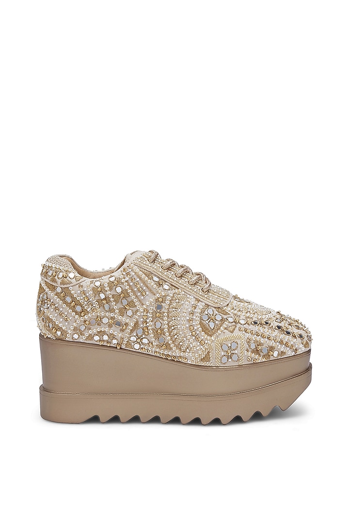 Off-White Satin Hand Embroidered Sneakers by Anaar at Pernia's Pop Up Shop