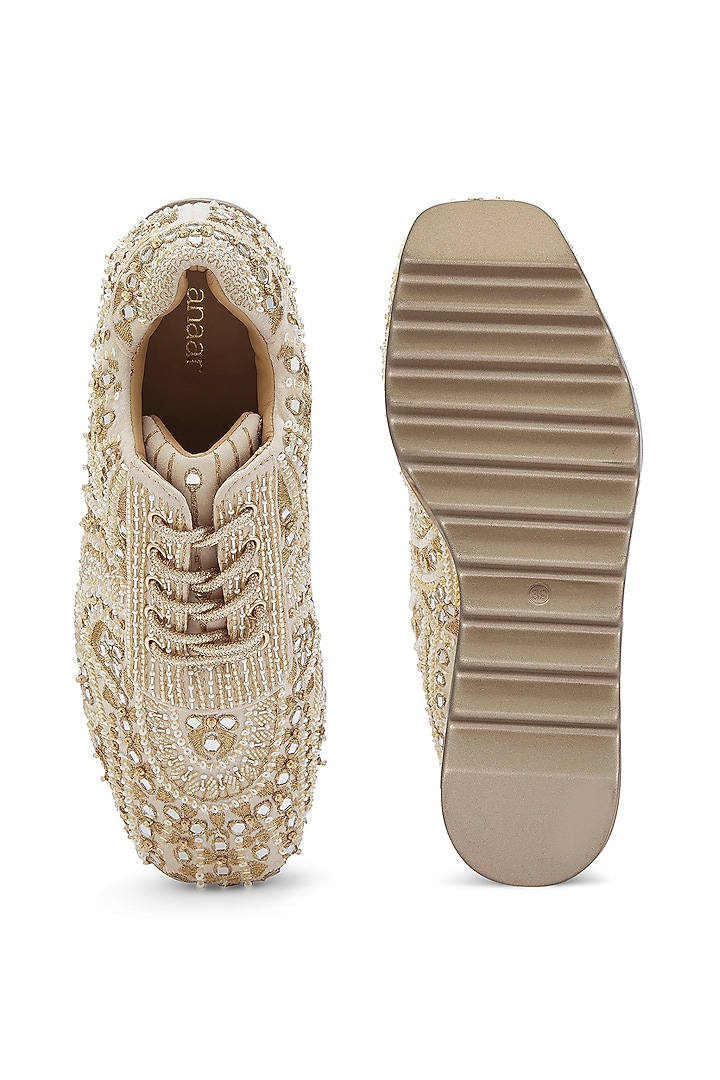 Off-White Satin Hand Embroidered Sneakers by Anaar at Pernia's Pop Up Shop