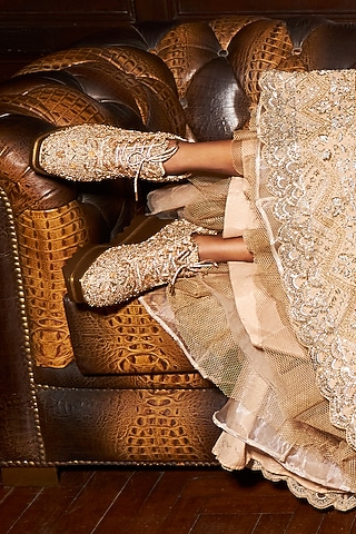 Gold Satin Crystal Embroidered Sneakers by Anaar