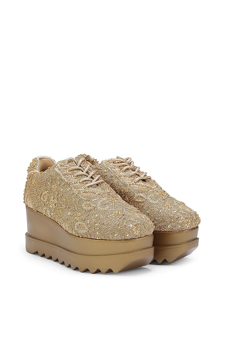 Gold Satin Crystal Embroidered Sneakers by Anaar at Pernia's Pop Up Shop