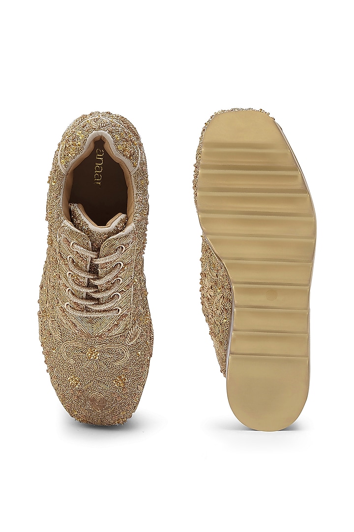Gold Satin Crystal Embroidered Sneakers by Anaar at Pernia's Pop Up Shop
