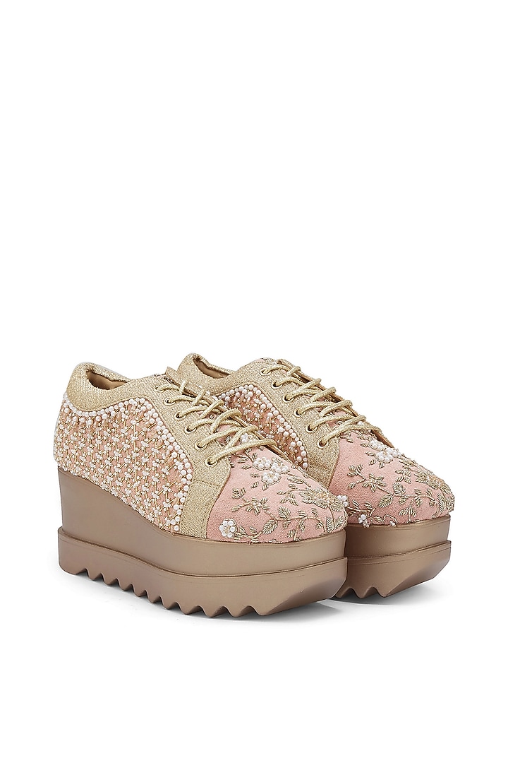 Pink Microsuede Zari Embroidered Sneakers by Anaar at Pernia's Pop Up Shop