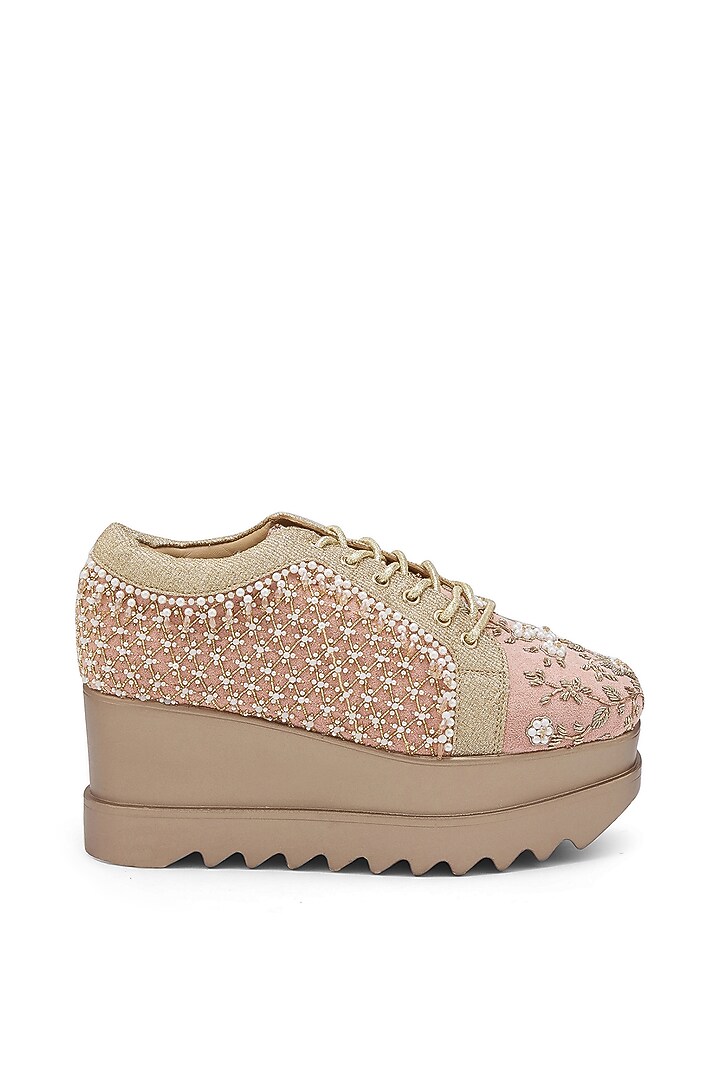 Pink Microsuede Zari Embroidered Sneakers by Anaar at Pernia's Pop Up Shop