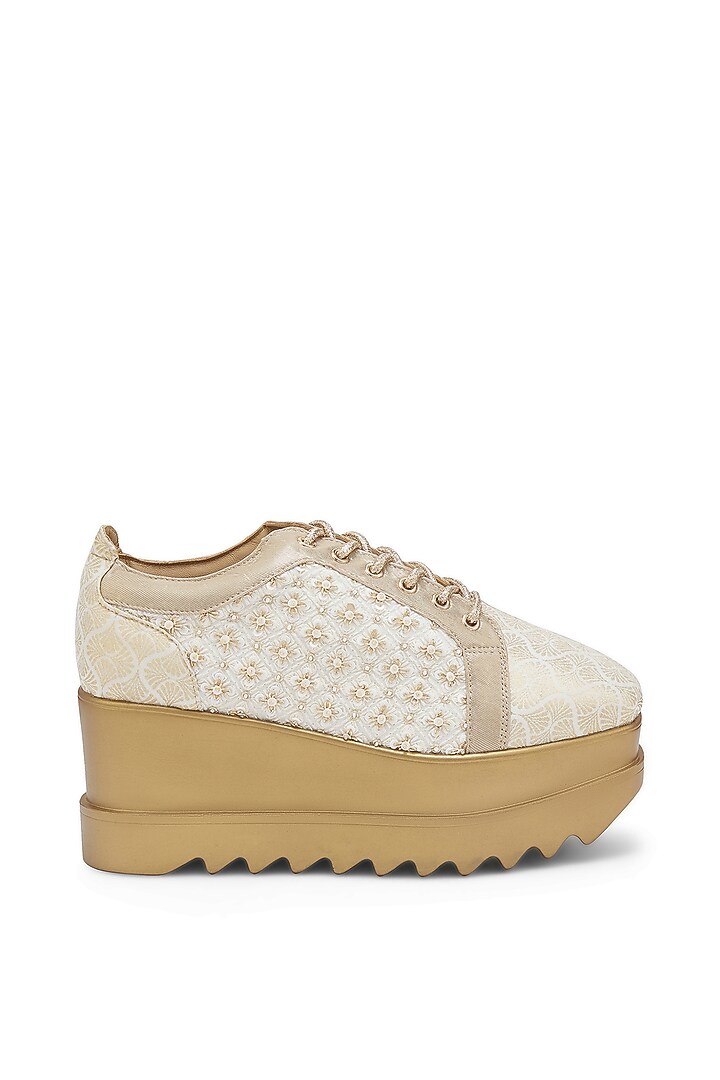 Off-White Banarasi Brocade Chikankari Embroidered Sneakers by Anaar at Pernia's Pop Up Shop