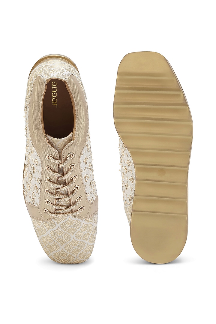 Off-White Banarasi Brocade Chikankari Embroidered Sneakers by Anaar at Pernia's Pop Up Shop