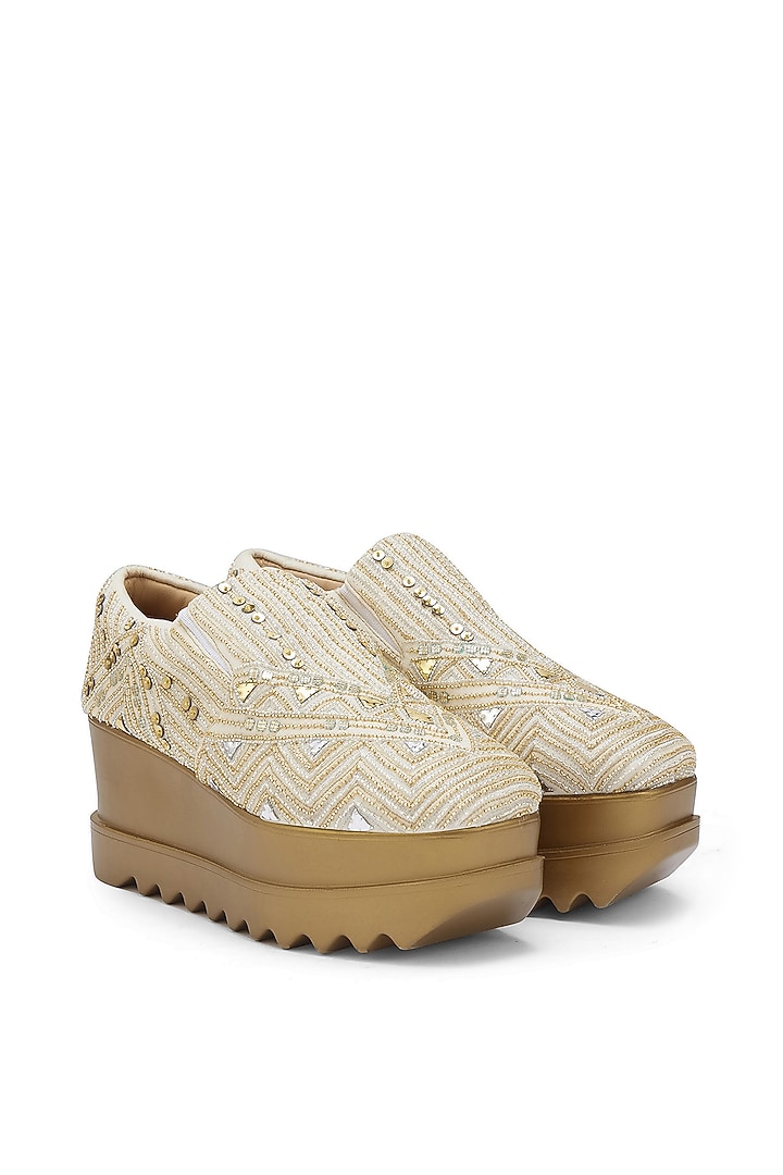 Off-White Striped Chiffon Sequins Embroidered Sneakers by Anaar at Pernia's Pop Up Shop