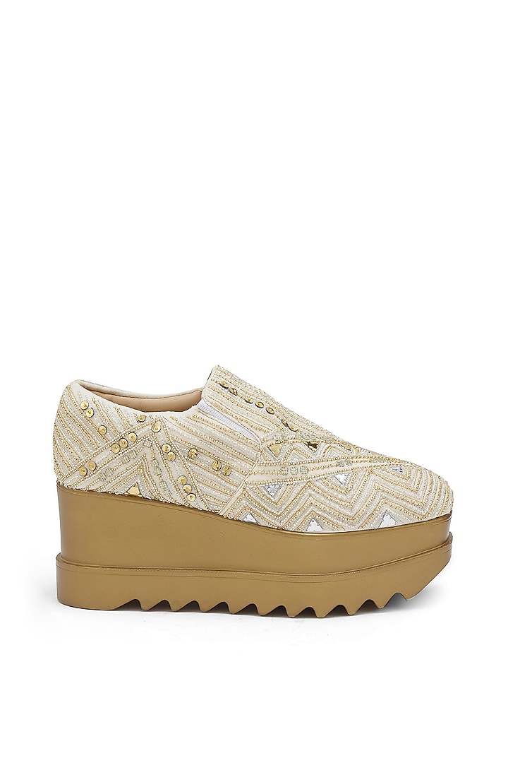 Off-White Striped Chiffon Sequins Embroidered Sneakers by Anaar at