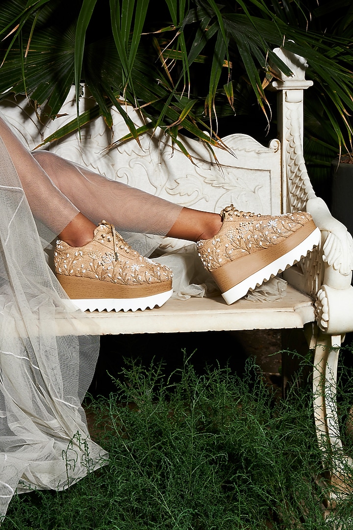 Beige Jute Sequins Embroidered Sneakers by Anaar at Pernia's Pop Up Shop