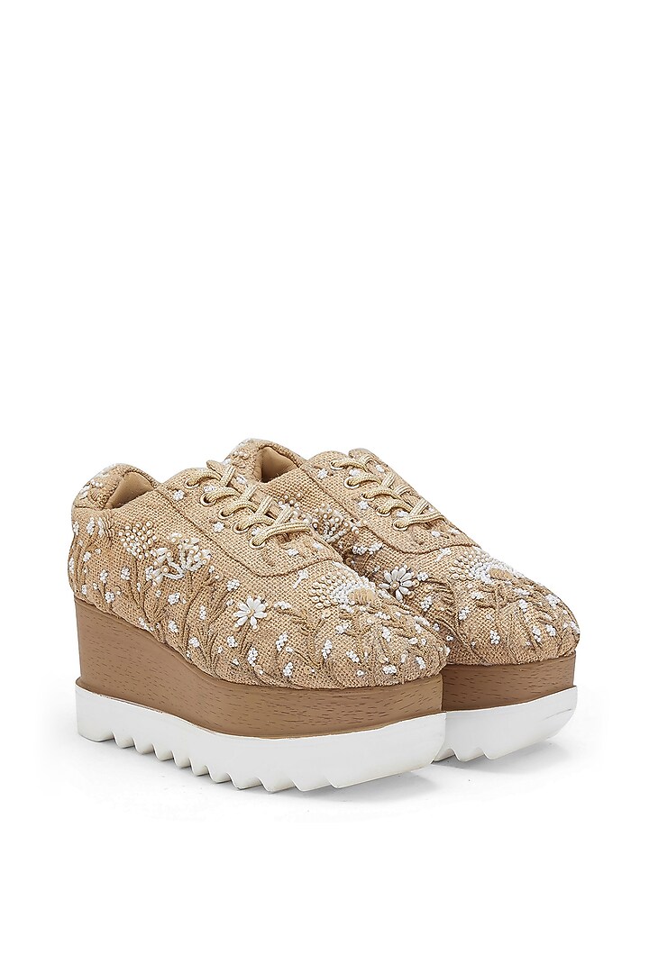 Beige Jute Sequins Embroidered Sneakers by Anaar at Pernia's Pop Up Shop