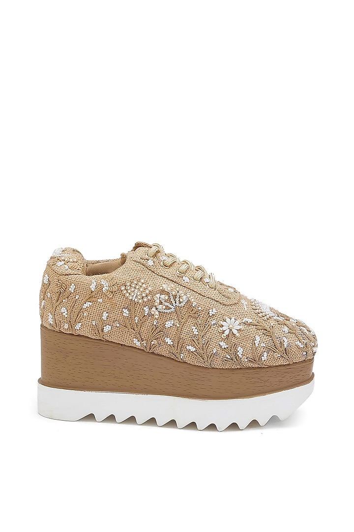 Beige Jute Sequins Embroidered Sneakers by Anaar at Pernia's Pop Up Shop