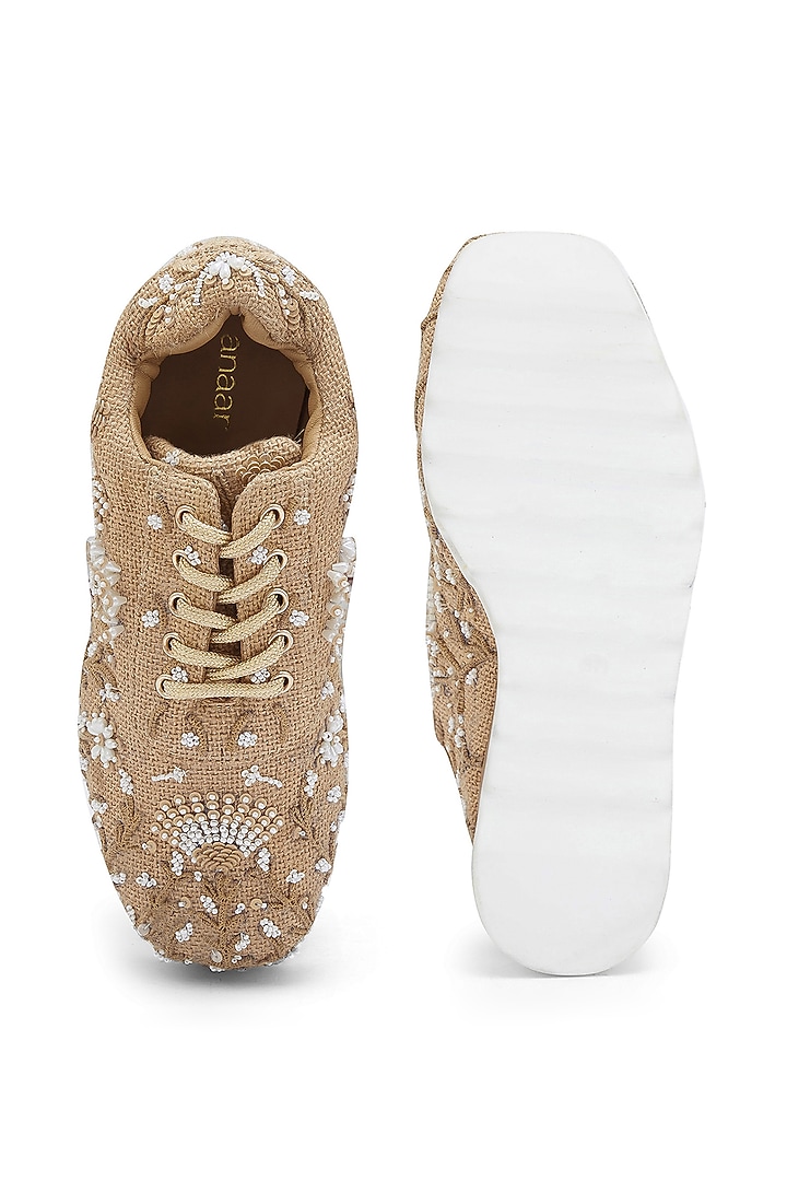 Beige Jute Sequins Embroidered Sneakers by Anaar at Pernia's Pop Up Shop