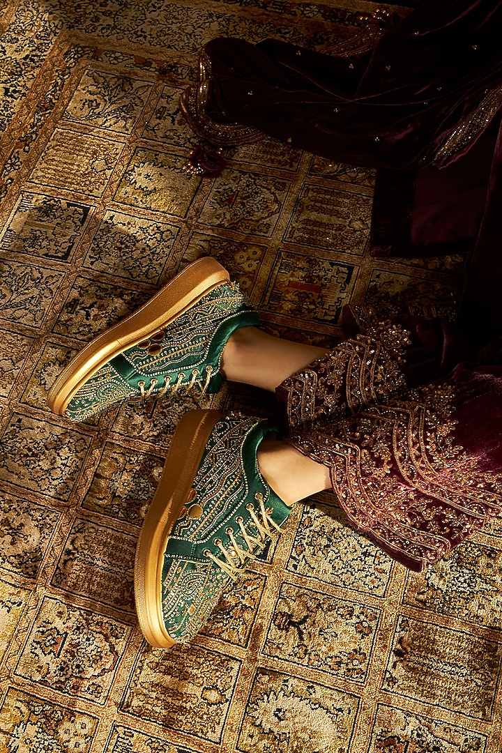 Green Satin Zari Embroidered Sneakers by Anaar at Pernia's Pop Up Shop