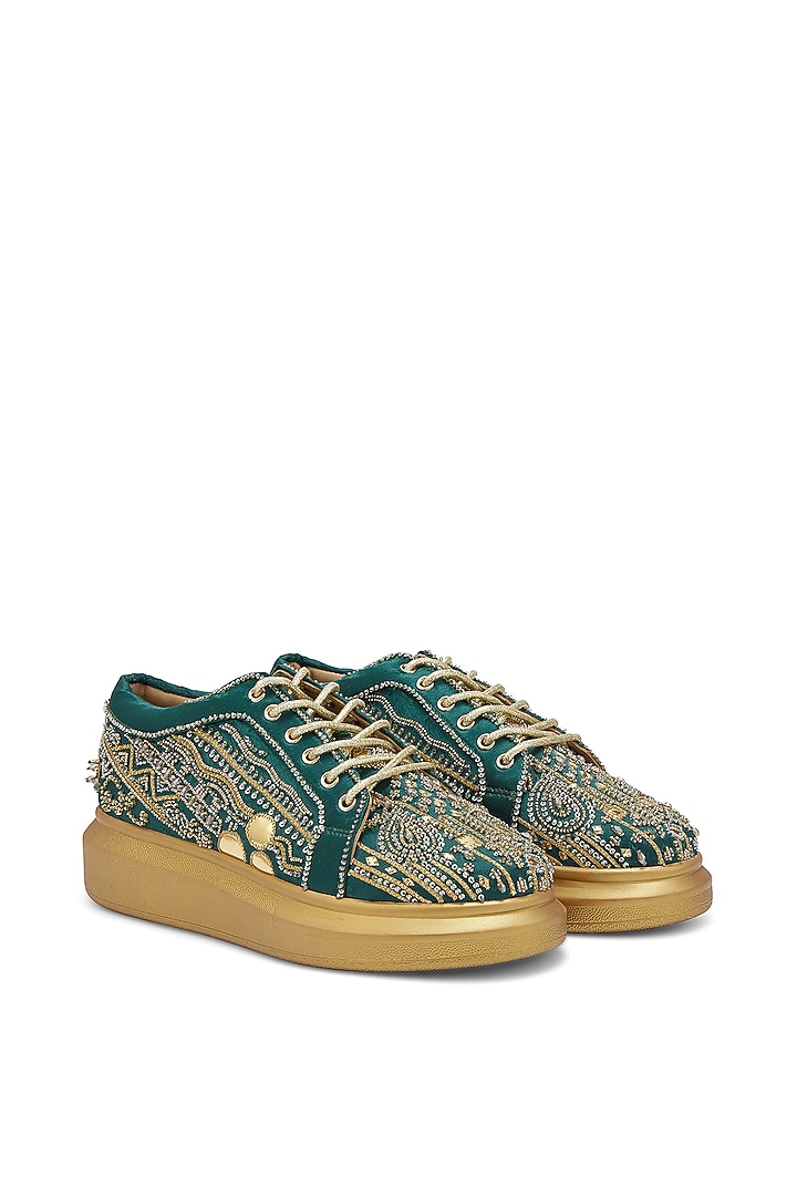 Green Satin Zari Embroidered Sneakers by Anaar at Pernia's Pop Up Shop